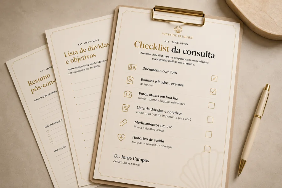 Folhas do Kit Imprimível sobre a mesa, com prancheta e caneta